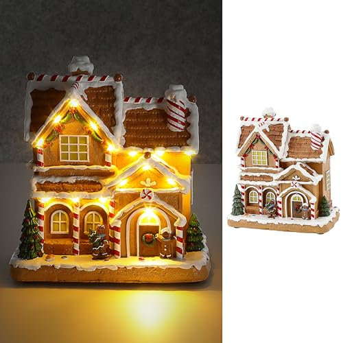 Cepewa LED Winter Haus Lebkuchen | 21,5x22,5x12,5cm Polyresin 15 warmweiße LEDs | batteriebetrieben An-/Ausschalter | Weihnachtsdekoration (1 x LED Winterhaus Lebkuchen)