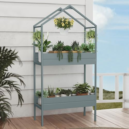 Grand patio Blumentreppe Hoch 2 Etagen, Outdoor Blumenständer Pflanzenständer Metall, Höhe 150cm, Blumenregal für Garten Balkon Patio Indoor(Salbei Grün)