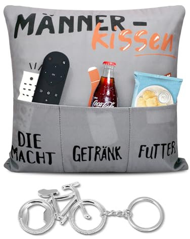QMLING Männerkissen Kissenbezug mit 3 Taschen, Zierkissenbezug mit Fahrrad-Flaschenöffner, Ruhestand Geschenke Kissenhülle für Männer, 45x45 cm Lustige Männer Kissenbezug für Papa Geschenk