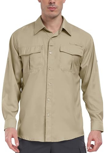 MoFiz Herren Sportshemd Langarm Angeln Wandern Hemd UV-Schutz Outdoor Shirt Atmungsaktiv Schnelltrocknend Funktionshemd Leichtes Freizeithemd Khaki EU L