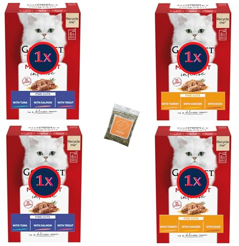 Wet Cat Food Bundle with Mon Petit Poultry and Fish Flavours Pack of 4 Total of 24 Servings x50 grams and UbiPet Catnip 5 gram