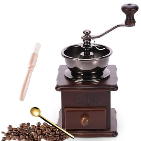 Eitonbu Wooden Manual Coffee Grinder Vintage Style Hand Coffee Mill Burr Coffee Grinder with Ceramic Hand Crank,Wooden Manual Coffee Grinder Cleaning Brush (Dark Brown Upgraded Version)