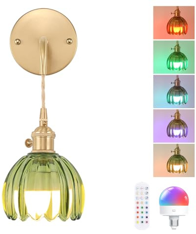 Shenmoyl Battery Operated Wall Light, Rechargeable Wall Lamp Indoor with Adjustable Cord, Vintage Wall Sconce Decor for Bedside Living Room Bedroom Bathroom, Tulip Green