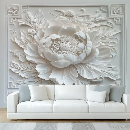 Générique Papier Peint Panoramique Pivoine Fleur, Papier Peint 3D Relief Blanc, Fresque Murale, Decoration Chambre Salon, 150 x 105 cm
