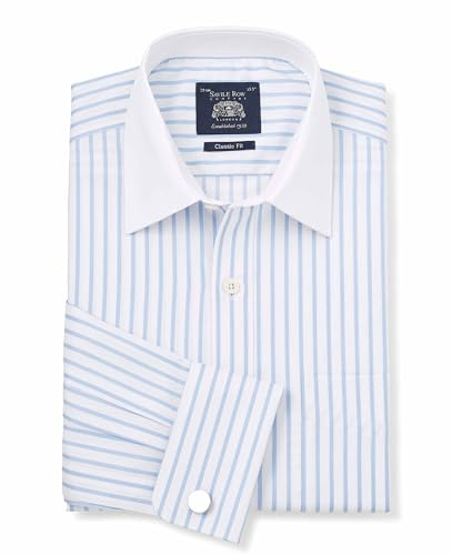 THE SAVILE ROW COMPANY LONDON Men's Classic Fit Cotton Poplin Double Cuff Winchester Formal Shirt - Sky Blue Herringbone Stripe - 16 Collar