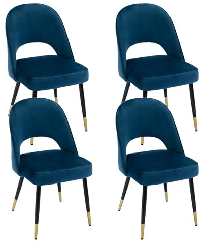 Ya-Home Esszimmerstühle 4er Set, Küchenstuhl aus Samt, Blau | Gepolsterte Esstischstühle mit Metallbeinen & Rückenlehne, Polsterstuhl Akzentstuhl für Esszimmer & Wohnzimmer