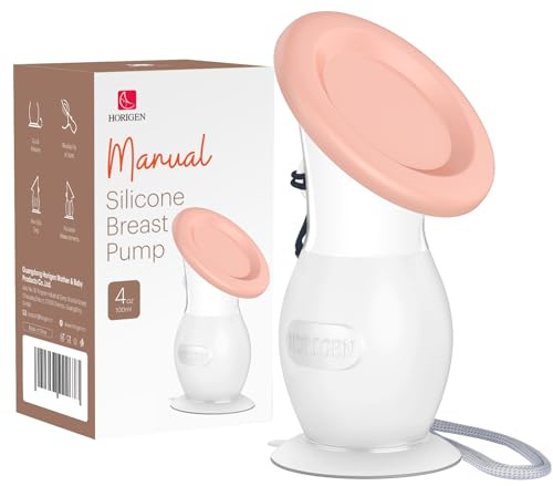 HORIGEN Tiralatte manuale per latte materno, 113,4 g, senza BPA e per uso alimentare, coperchio portatile a prova di perdite e base a ventosa in silicone, collettori per spremere latte, casa, lavoro