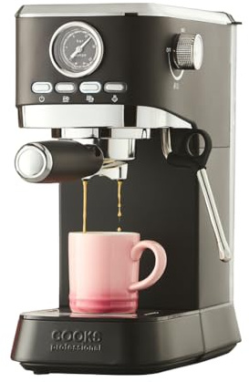 Cooks Professional 20 Bar Espresso Coffee Machine with Steam Wand, 1L Water Tank & Stainless-Steel Drip Tray | Compact & Stylish Barista-Style Coffee Cappuccino Latte Macchiato Maker | 1350W | Black