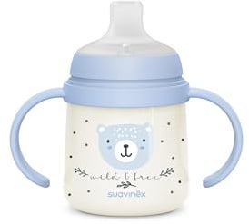 Suavinex, Bicchiere per l'Apprendimento del Bebè, Tazza Anti-Goccia, con Manici che Brilla al Buio, con Beccuccio in Silicone e Valvola Anti-Coliche, Ideale per l'Uso Notturno, +6 Mesi, W&Free Blu