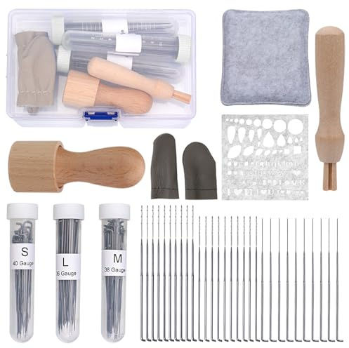 COGVOHY 34 Stück Filznadeln zum Trockenfilzen Set, 3 Größen Filznadeln mit Holz Filznadelgriff, Filz Unterlagen, Schablonen für Filznadel, Wollfilzen Sets für Anfänger oder Profis