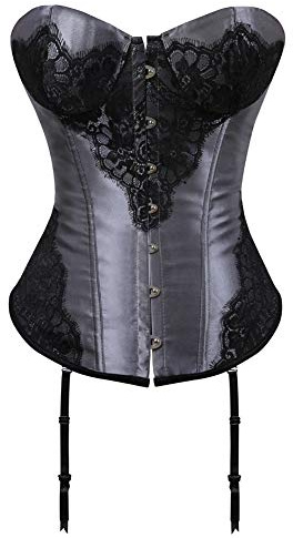 KNDSSMY Top Corsetto Overbust Grigio-Argento da Donna, Sexy Corsetto con Spalle Scoperte, Pizzo Nero e Giarrettiere, Bustino Modellante M