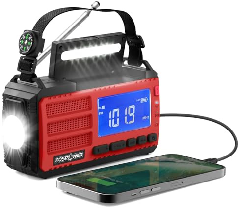 FosPower Radio d'urgence Dynamo à Manivelle avec Écran LCD, Rouge | Batterie Externe 37000mWh avec Prise Jack 3.5mm, Alarme SOS, et Lampe pour Panne de Courant et Camping Solaire