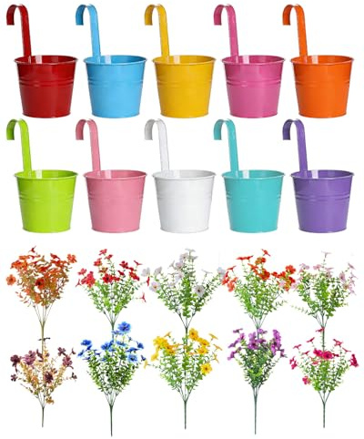 Trongle 10 PACKS 10cm Metal Iron Hanging Plant Pots with 10 Artificial Flower Bouquets, Colourful Metal Balcony Planters with Detachable Handle & Drainage Hole for Indoor Outdoor Garden Fence Decor