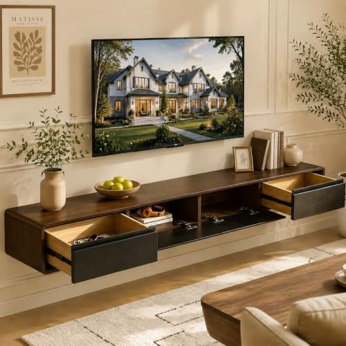 TV Schrank schwebend 220cm,TV Lowboard mit 2 Schubladen und 2 Türen,TV Board Stehend hängend mit Kabelmanagement,Fernsehtisch für 85-Zoll Fernseher,TV Tisch für Wohnzimmer,Schlafzimmer,Zweifarbig