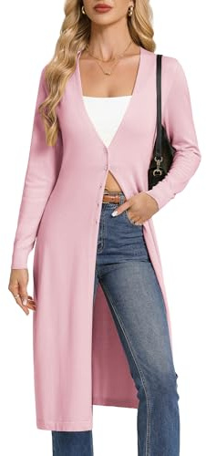 GRACE KARIN Cardigan lungo da donna a maniche lunghe con scollo a V cardigan leggero primaverile, Rosa cipria, M