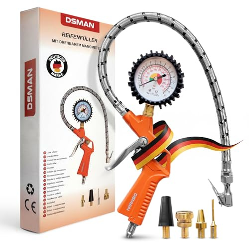 DSMAN Reifenfüller mit 360° Manometer Aluminium Schlauch 1/4 Kupplung & Ablassventil – Adapter Set Auto Fahrrad Werkstatt Kompressor