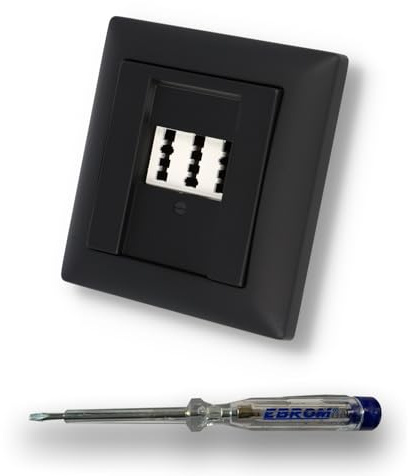 EBROM SET IDEE: EBROM Unterputz UP Telefondose TAE 3x6 NFN (weiß) für 1 Telefon und 2 Zusatzgeräte + Busch Jäger BalanceSi -915 schwarz matt Abdeckung und Rahmen + EBROM Phasenprüfer zur Montage