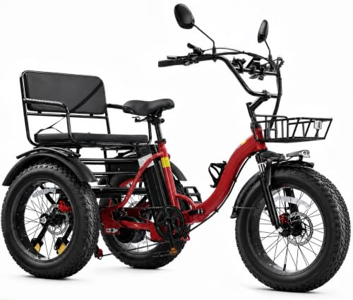 Two Seater Electric Tricycle for Adults 48V15.6Ah Etrike 20x4 Fat Tire Electric Trike 3-Wheel Folding Electric Tricycle Large-capacity bike basket