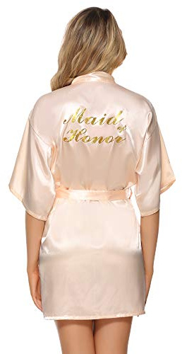 Vlazom Morgenmantel für Hochzeit Satin Kimono Badmantel für Braut&Brautjungfern V-Ausschnitt Damen Robe mit Gürtel(L,Champagner für Maid of Honor)