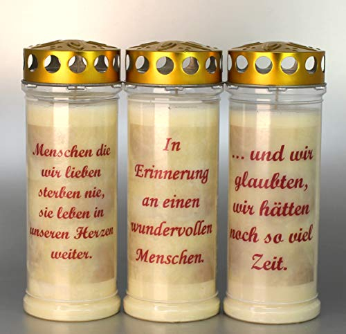 3 Stück Grablichter, Grabkerzen, 3er Set mit Spruch, Größe 21x7,5 cm - Brenndauer ca. 7 Tage je Grablicht – 3891 – Elegante Gedenkkerzen, Trauerkerzen mit Spruch.