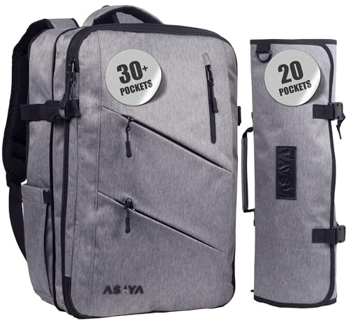 Asaya Kochmesser Rucksack mit 20 Taschen Messer Rolltasche - Über 30 Aufbewahrungstaschen Koch Tasche, Professioneller Rucksack für Köche und Kulinarische Studenten - Messer nicht enthalten (Grau)
