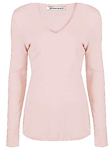 janisramone Womens Ladies V Neck Long Sleeve T-Shirt Stretchy Plain Jersey Slim Fit Casual Basic Tee Tops Nude