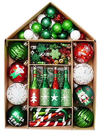 EXQULEG 70 STK Weihnachtskugeln Set, Kunststoff Christbaumkugeln, Bemalte Weihnachtsbaumkugeln Weihnachtsbaum Anhänger Weihnachtsbaumschmuck für Weihnachten Hochzeit Party (Rot Grün Weiß)