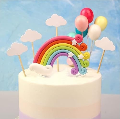 SULOLI Rainbow Cake Toppers Set, 12 Pcs Rainbow Cake Decorations with Cloud Balloon Cake Topper for Girl Boy Kid Birthday Decoration Wedding Party