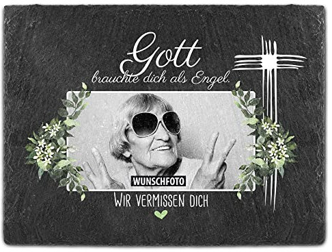 PR Print Royal Schieferplatte selbst gestalten - Gedenktafel mit Foto Bedrucken - Gott brauchte Dich als Engel - Grabtafel, Grabschmuck - Schiefertafel 15x20 cm I Personalisierte Erinnerung