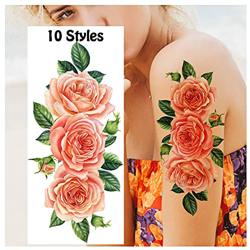 Acevegue 10 Feuilles Faux Tatouage, 3D Tatouage Ephemere Femme Rose Fleurs, Tatouage Adhésif Adulte Couleur Cadeau Anniversaire Fête Décoration