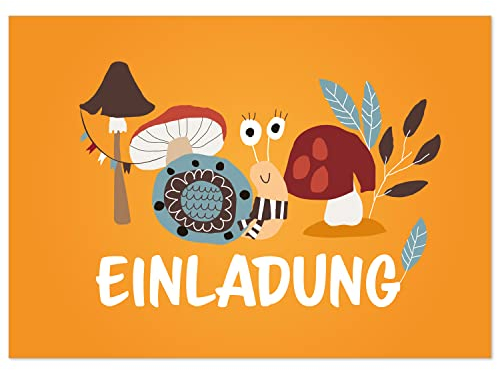 8 Einladungskarten Kindergeburtstag mit Umschlägen, Wald Schnecke Natur Orange, Karte Geburtstag Einladung zum Ausfüllen