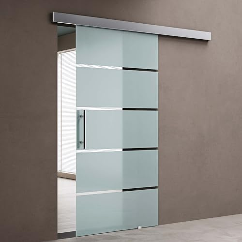 doporro Porta Scorrevole in Vetro per Interni 90x215 cm con Soft-Close | Vetro di Sicurezza Satinato a Strisce Trasparenti, Distanza dalla Parete 25 mm, Guida in Alluminio Inclusa