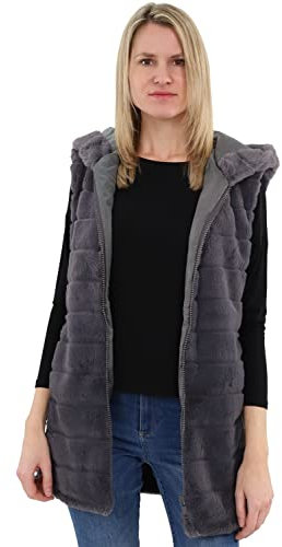 malito Damen Weste mit Kapuze | gerippte Weste aus Kunstfell | Teddyweste mit Zipper CR-1958 (dunkelgrau XL)