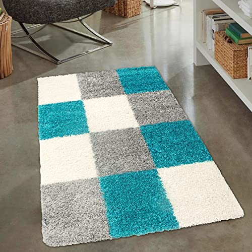CARPETIA Moderner Shaggy Teppich mit Karodesign türkis grau Creme, 80 x 150 cm