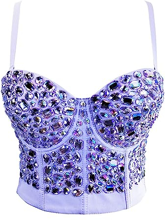 Corset Topdamen-Korsett In Flieder, Wunderschönes Crop-Top Aus Kunstkristall, Ausgefallenes Überbrust-Push-Up-Korsett, Bustier, Rock, Punk-Körperformer, Wiast Cincher, Ohne Knochen, Mieder, Nacht