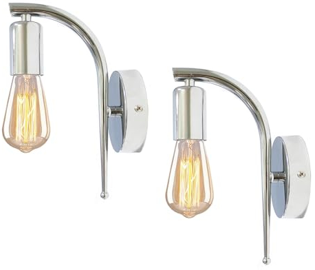 Wandleuchte Innen E27 Wandleuchte Metall 2 Stücke Wandlampe Vintage Retro Gebogene Wandleuchte Industrial für Schlafzimmer Wohnzimmer Esszimmer Balkon Loft-Silber