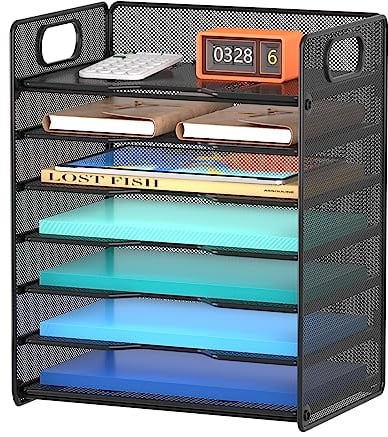 Samstar Desk Organiser with Handle, 7 Tier Letter Tray Paper Organiser File Sorter Rack Shelves for Office/School Supplies, Black