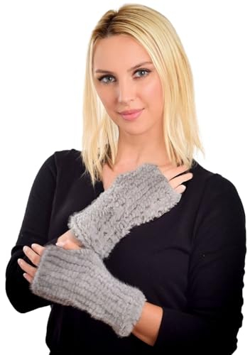 FOX FASHION Damen grau Pelz Fingerlose Handschuhe aus Echtfell Fuchsfell Fuchs Fell Rex Kaninchenfell