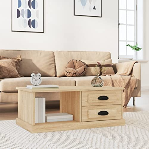 Festnight Couchtisch, Wohnzimmertisch Sonoma-Eiche, Couchtisch mit 2 Schubladen und Ablagen, Moderner -Design, Einfache Aufbau, Sofatisch aus Holz, Sofatisch für Wohnzimmer,90 x 50 x 35 cm