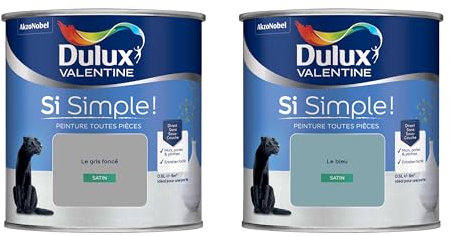 Dulux Valentine Peinture Si Simple Peinture Intérieure Toutes Pièces Satin - Peinture Murs et Plafonds, Portes et Plinthes - Lot de 2 - Couleurs : Le Gris Foncé & Le Bleu 0,5 L