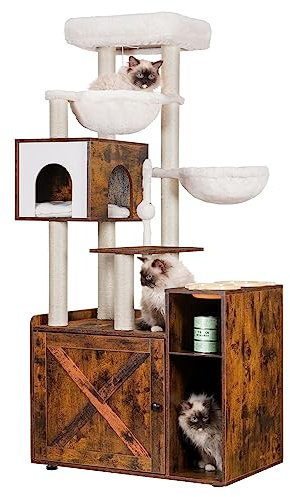 Hey-Brother Arbre pour Chats avec Bac à Aable pour Chats, Arbre à Chat de Style Moderne, Equipé d'une Grande Plateforme, d'un Plateau d'alimentation et de Deux Hamacs, Brun Vintage EMPJ115SR