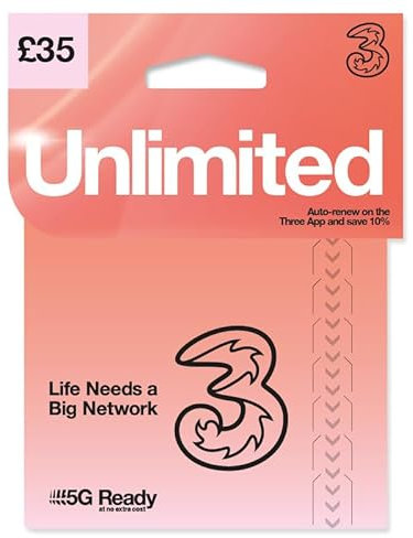 THREE 4G/5G SIM Card UK & ROAM FREE in over 70 destinations - PREPAID PAYG £35 Bundle - UNLIMTED DATA + Texts & Mins - ROAMING ALLOWANCE 30GB + International Calling Option - (Love2surf RETAIL PACK)
