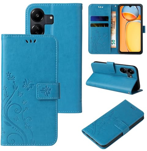 LBH Handy Hülle für Xiaomi Redmi 13C Case Handytasche Schmetterling Blumen Flower Standfunktion Schutzhülle Magnet Rundum Schutz 360 Grad Flipcase Cover Blau