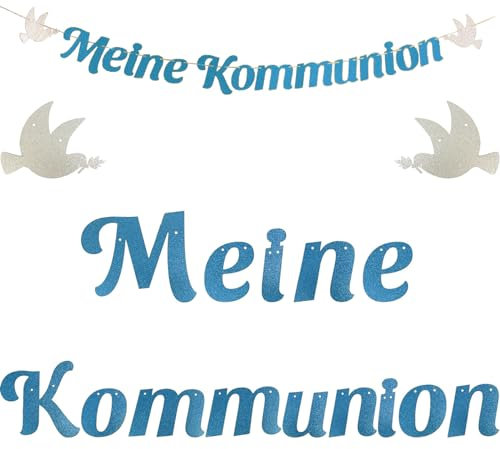 Meine Kommunion Girlande Gold Glitzer Deko Taufe Konfirmation Papiergirlande Dekobanner Hängedeko für Party (Blau)