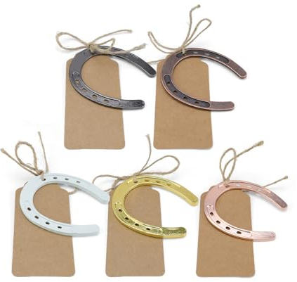 SRJQXH Hufeisen Glücksbringer, 5 Stücke Hufeisen Deko, Hufeisen mit Gravur, Hufeisen Geschenk mit Kraftpapieretikett, für Dekoration Von Hochzeiten, Jubiläumsfeiern, Brautpartys, Geburtstagsfeiern