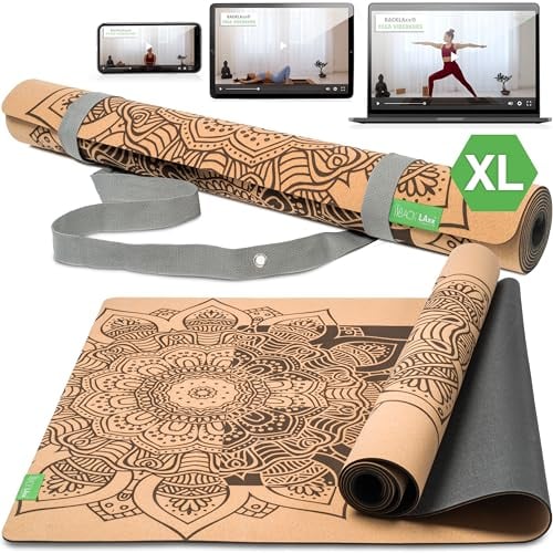 BACKLAXX ® Yogamatte Kork XXL [+50% mehr Fläche] mit Naturkautschuk - Yoga Matte, Yogamatte rutschfest, Fitnessmatte mit Anti-Rutsch-Zonen inkl. Tragegurt (ACHTSAMKEIT - XL)