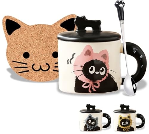 Birthday Gifts for Women Cute Black Cat Mugs with Lids Spoon Coaster Kawaii Kitty Coffee Mug Cat Mugs for Cat Lovers Halloween Christmas Gifts for Her Girls Mum Friend Kid Mothers Day Cat Gifts