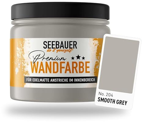 SEEBAUER diy Wandfarbe Grau 300ML für Innen (No. 204 Smooth Grey) Edelmatte Innenfarbe Grau Beige - Grautöne sehr hohe Deckkraft - Matt, Abwaschbar und Tropffrei