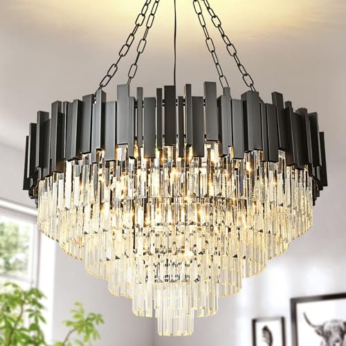 AOOCHOK Modern Crystal Chandelier Black Pendant Light Fixtures, Round Crystal Pendant Lighting for Living Room, Dining Room, Bedroom, Restaurant, E14 x 12, D75 cm