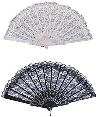 SuKeYuan 2 Pcs Hand Held Fans Vintage Lace Folding Fan Women Spanish Hand Fan for Wedding Decoration DIY Decoration
